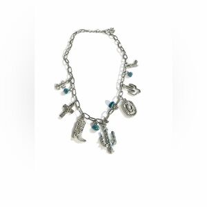 Silver Fashion Charm Necklace with Turquoise Accents